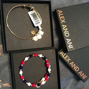Two Alex and Ani Team USA bracelets.